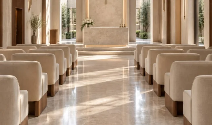 Corredor de igreja contemporânea com piso de mármore e bancos claros.
